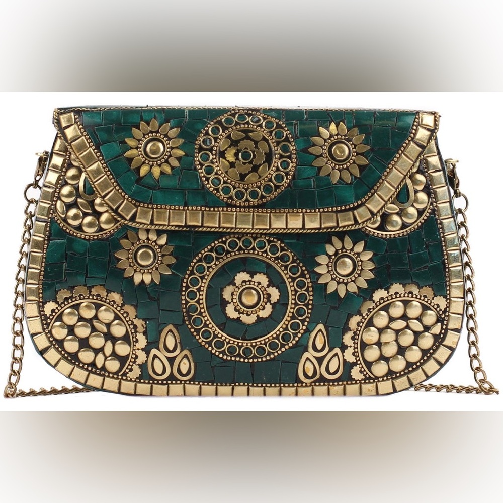 Unique Antik Kraft Amoli brass and green tile mosaic purse OOAK